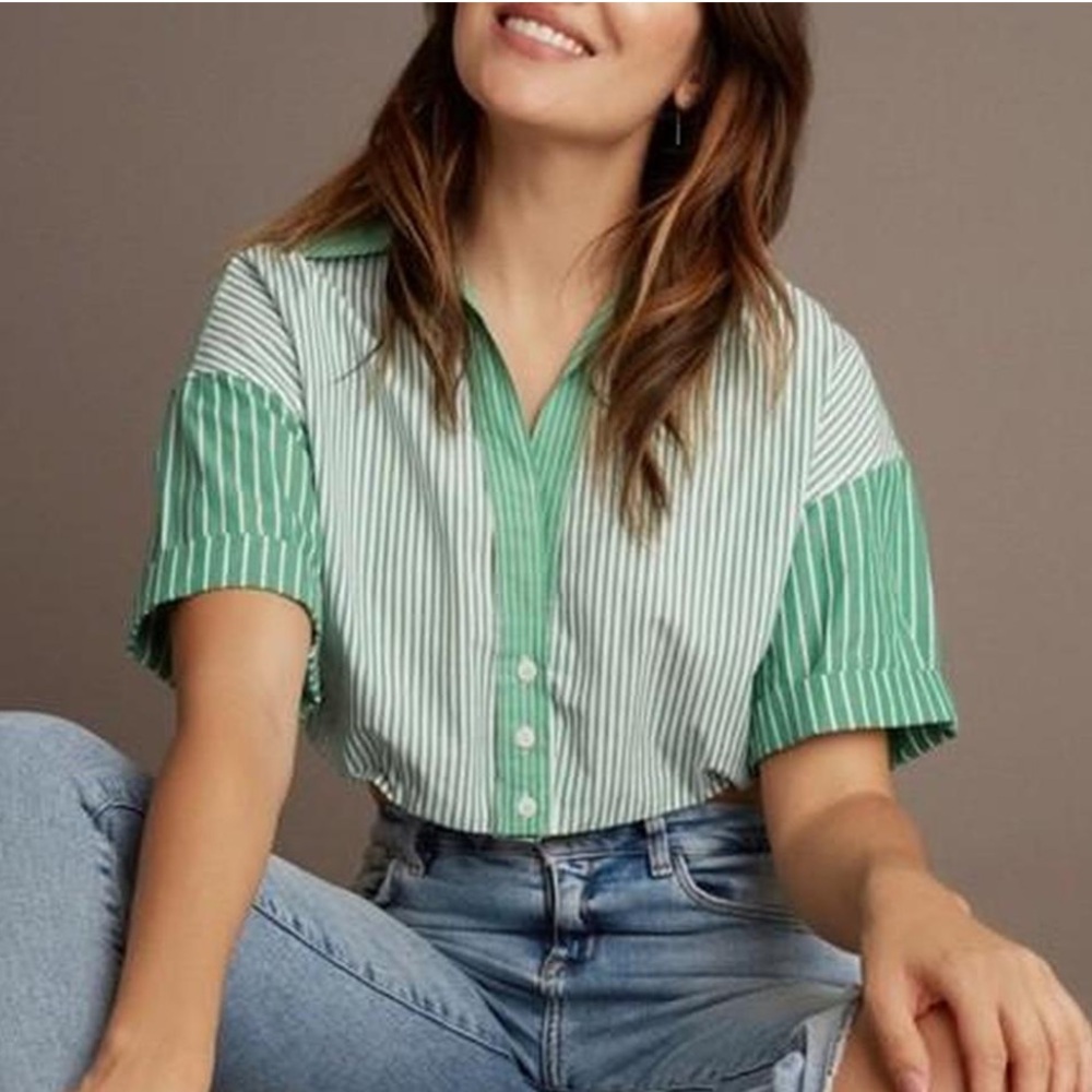 Zara Green and White Striped Cropped Button-Up Top — Size Medium